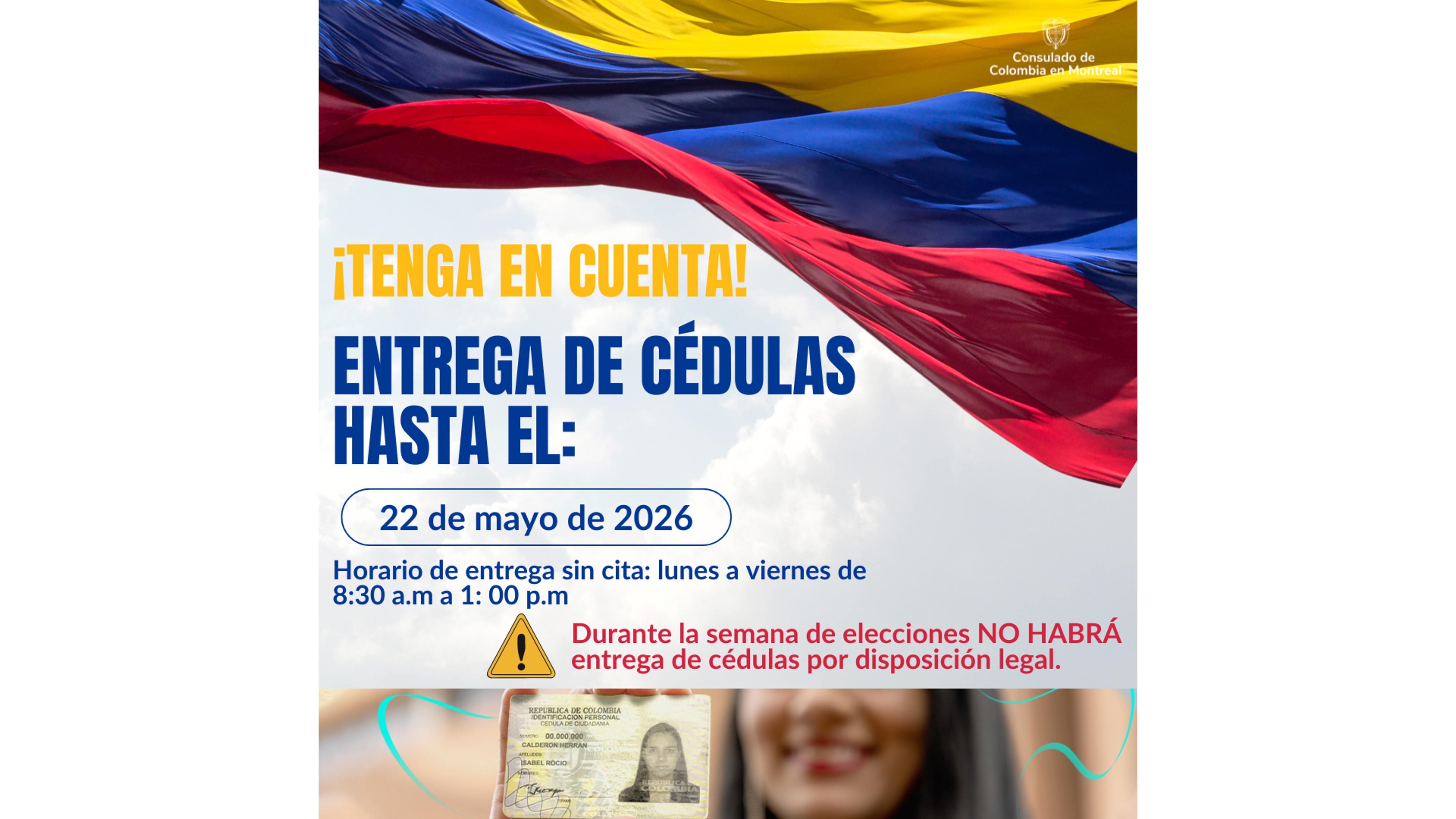 Se suspenden las entregas de cédulas o tarjetas de identidad del 23 de mayo al 1 de junio de 2026