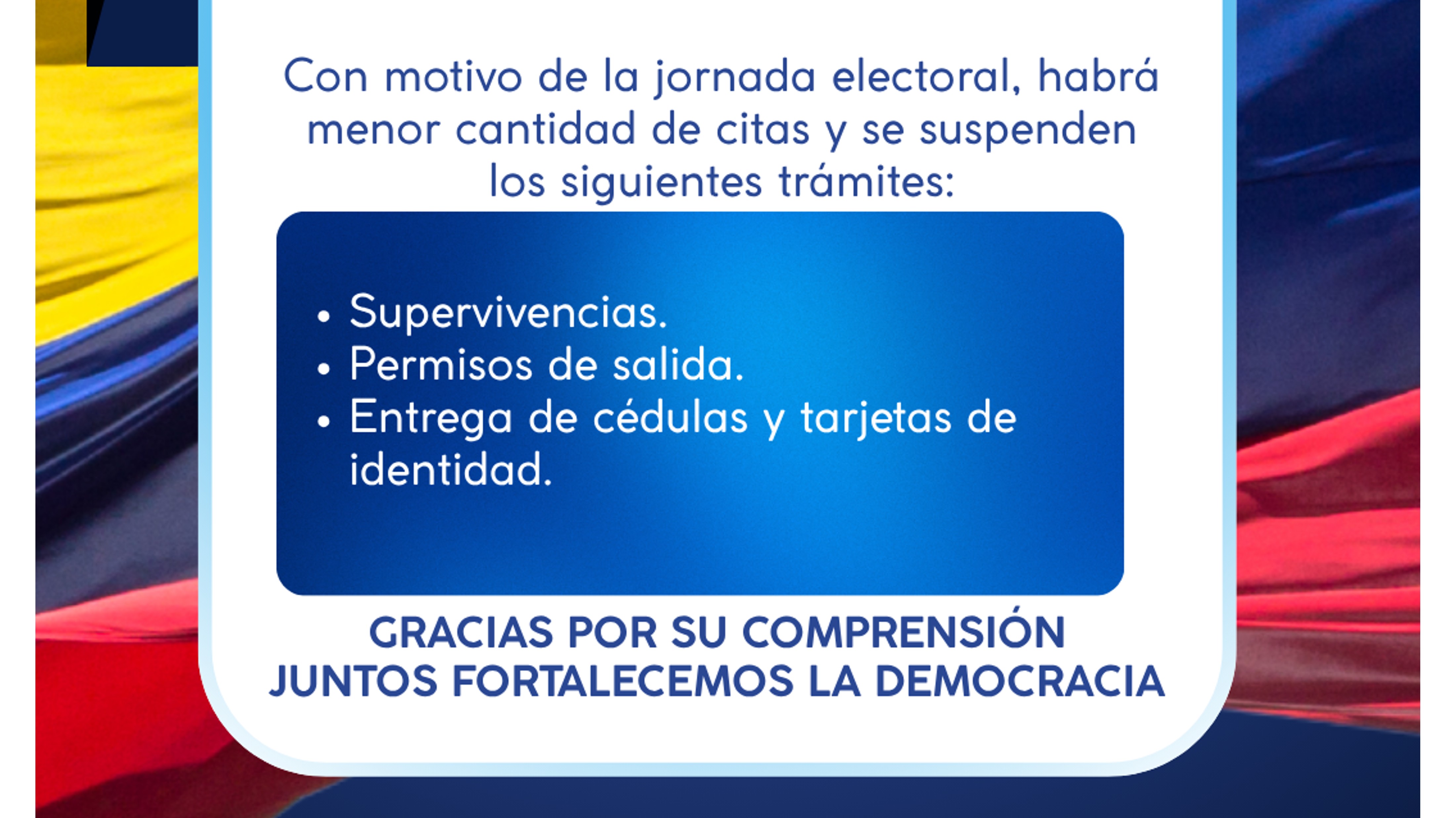 Con motivo de la jornada electoral se reducen las citas y se suspenden algunos trámites, del 15 al 21 de junio de 2026