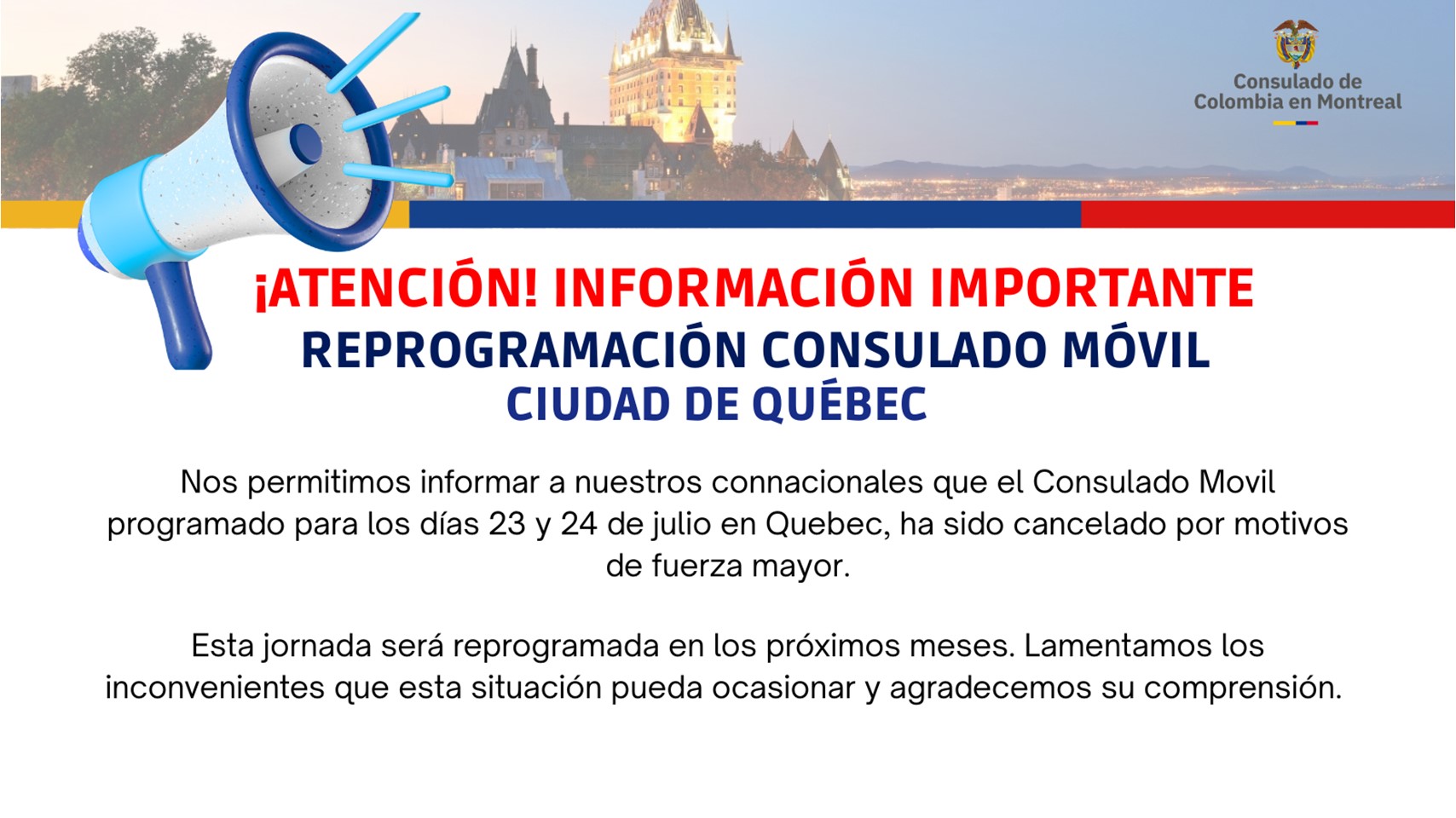 Reprogramación del Consulado Móvil que tendría lugar en la Ciudad de Quebec en julio de 2026