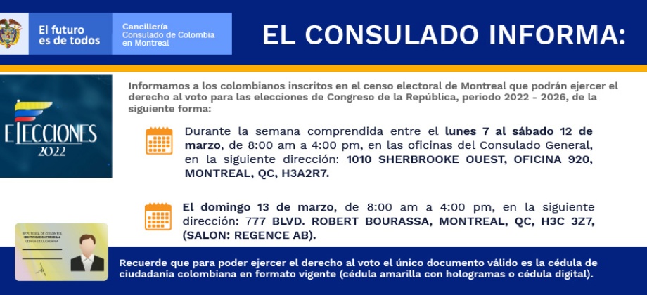Consulado en Montreal informa los puestos de votación dispuestos para las elecciones de 2022