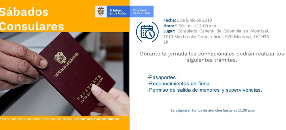 Consulado de Colombia en Montreal realizará el Sábado Consular el 1 de junio de 2019