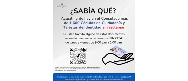 El Consulado de Colombia en Montreal invita a reclamar más de 1.600 cédulas de ciudadanía y tarjetas de identidad que están listas para entregar