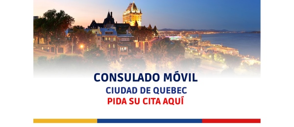 Banner anunciando Consulado Móvil en Quebec del 9 al 11 de abril de 2025